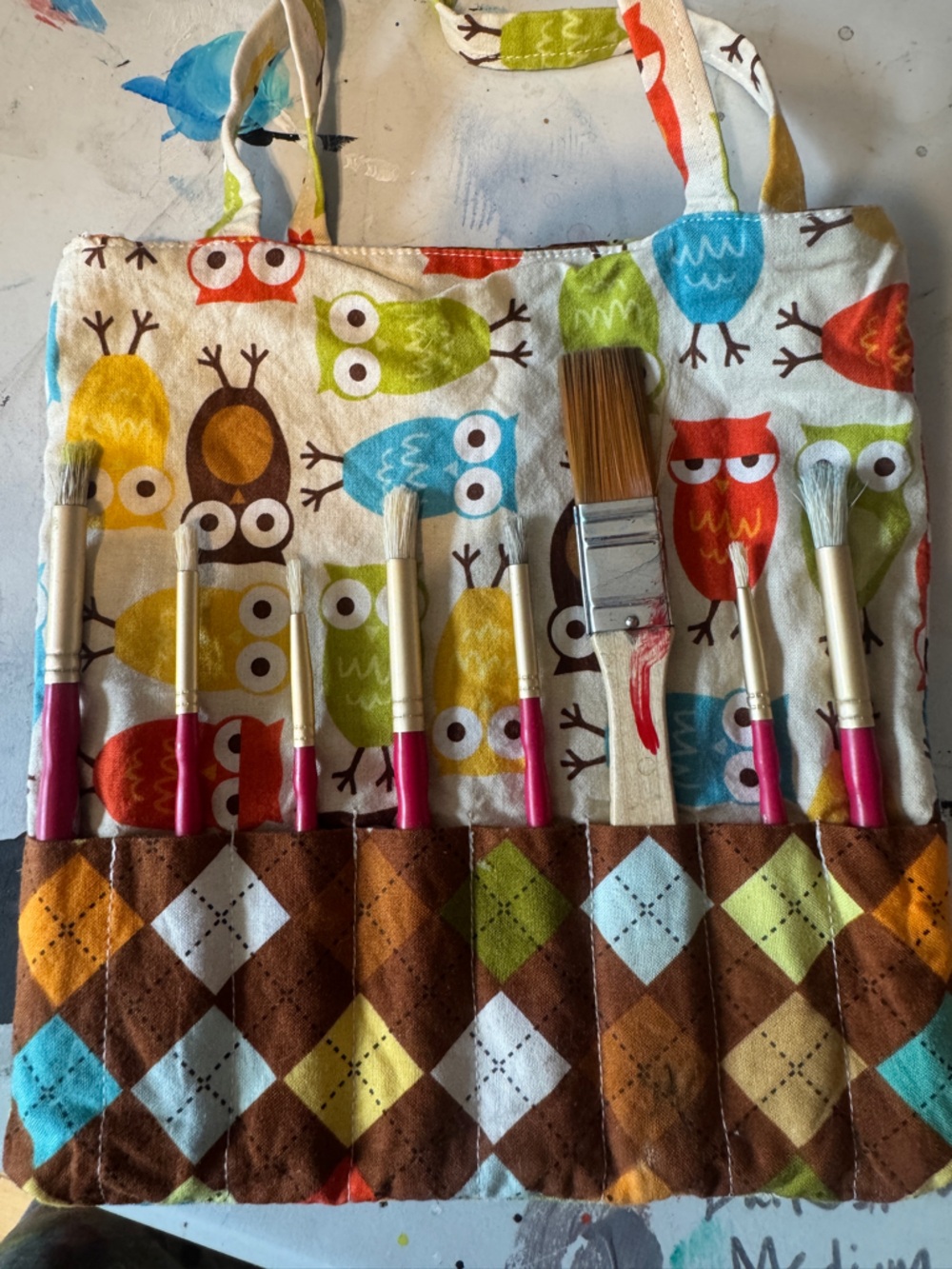 Handmade Reversible Art Tote Project Bag Owl & Argyle - Picture 4 of 10
